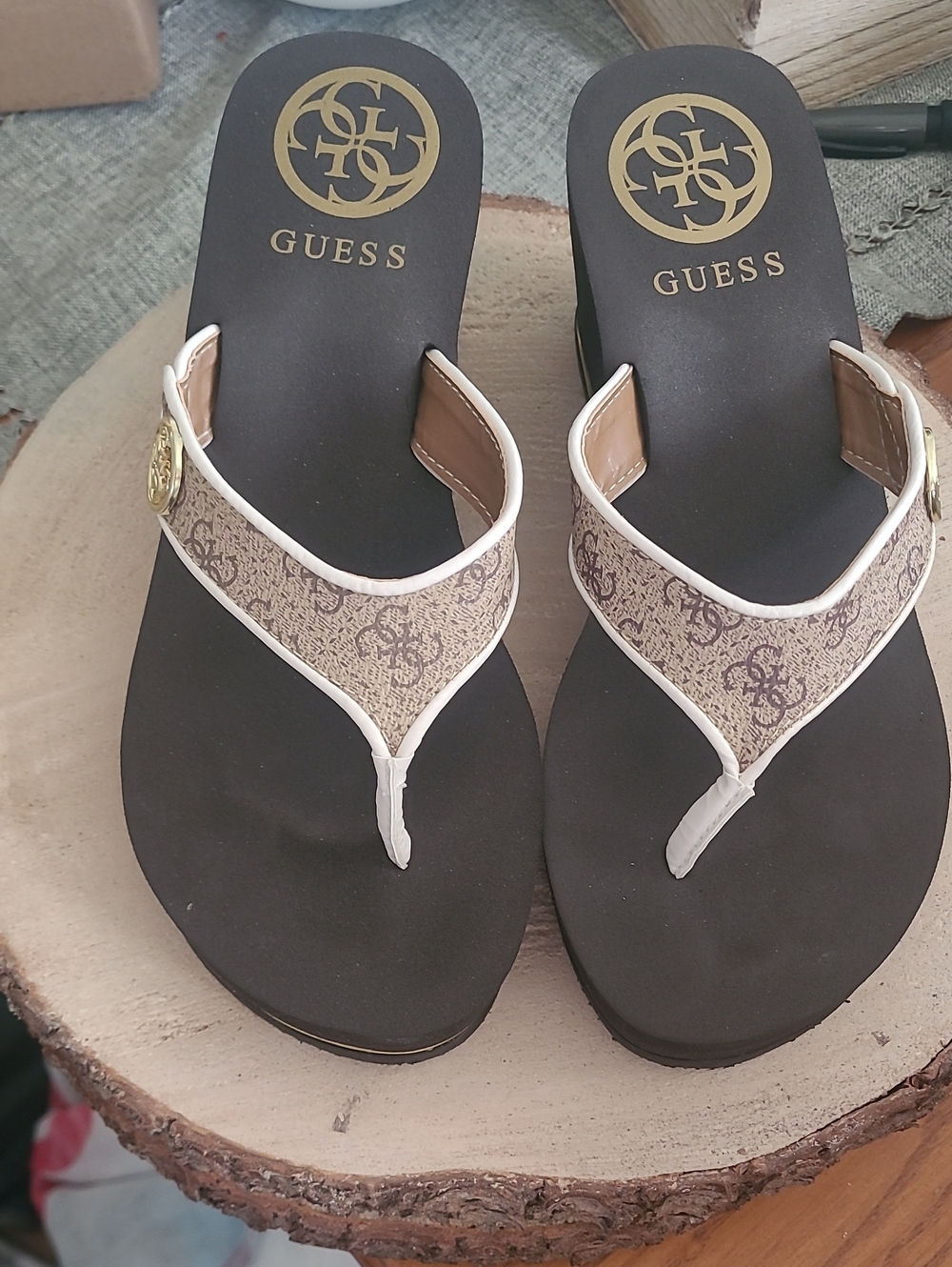 GUESS Brown and Beige Logo Thong Sandals with Gold Accent